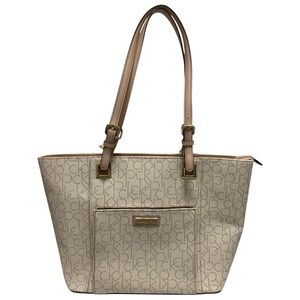 Calvin Klein Logo Cream/Beige Leather Shoulder Bag